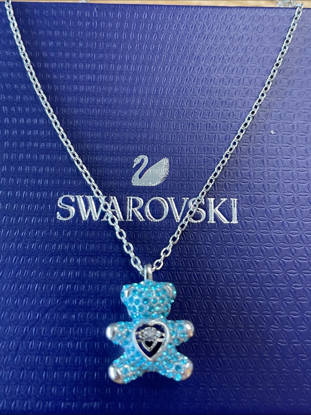 Swarovski Teddy Blue Crystal Dancing Heart Bear Pendant Necklace Rhodium